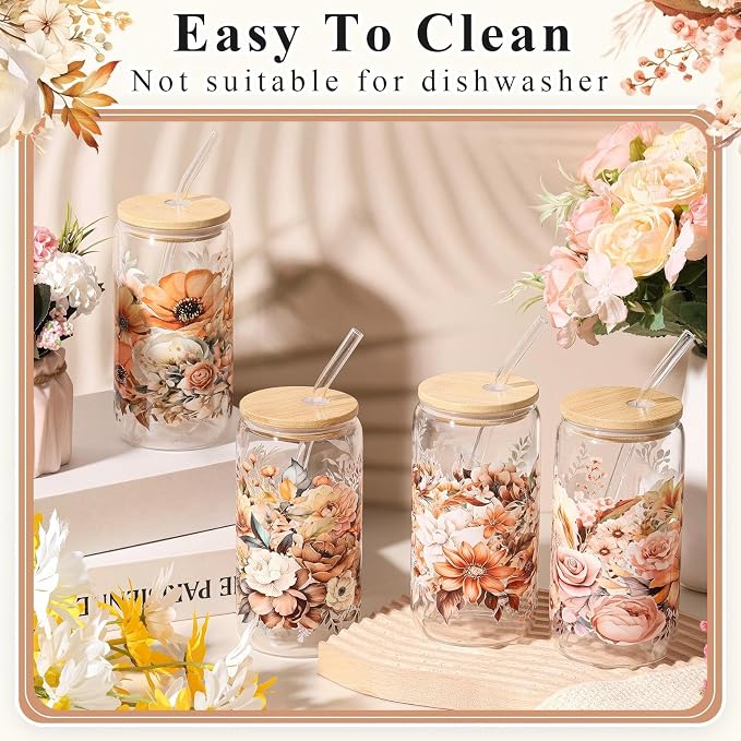 Mumufy 4 Pack Wildflower Glass Cups Gift Aesthetic Cute Glass Cup Tumbler - Image 5