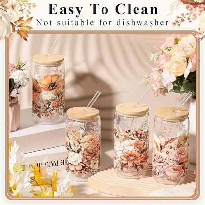 Mumufy 4 Pack Wildflower Glass Cups Gift Aesthetic Cute Glass Cup Tumbler - Image 5