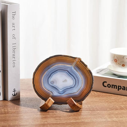 Luxury Lane Large Natural Brazilian Agate Slice Geode Rock Stone Drink Coaster with Wood Holder 4.7-5.5 inch Centerpiece Table Decoration, Oak Brown