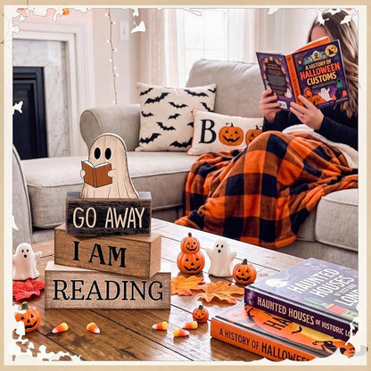 Moucuny 4 Pcs Halloween Table Decoration Wooden Ghost Reading Stacked Block - Image 4