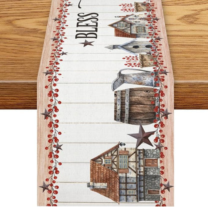 Farmhouse Table Runner, Rustic Western Texas Star Berries Cowboy Wooden Plank by Unknown