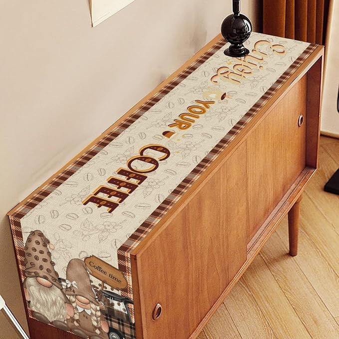 Coffee Theme Table Runner, Rustic Brown Buffalo Gnomes Cafe Cup Car Biscuit - Image 2
