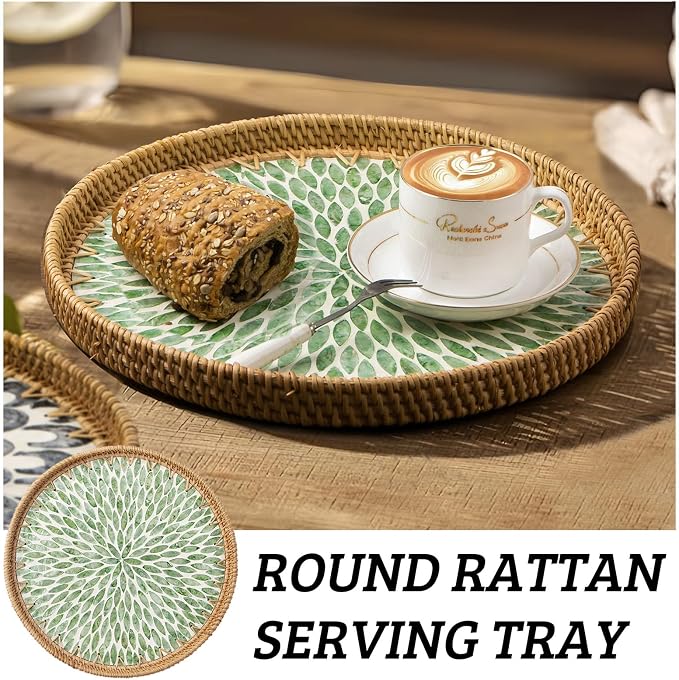 Round Rattan Tray with Mother of Pearl Inlay, Wooden Base | Coffee Table - Image 4
