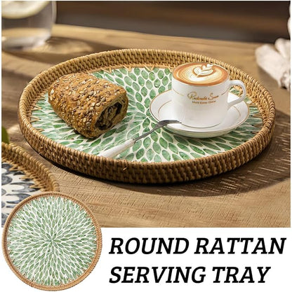 Round Rattan Tray with Mother of Pearl Inlay, Wooden Base | Coffee Table - Image 4
