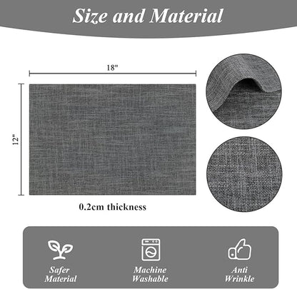 SHACOS Washable Cloth Placemats Set of 6 Fabric Place Mats Double Layered Thick Faux Linen Placemat Non Slip Reversible Table Mats Home Wedding Table Decor, Dark Grey