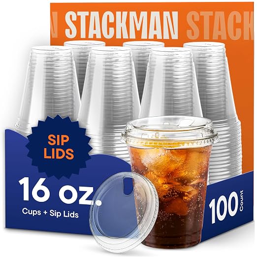 16 oz Clear Plastic Cups with Strawless Sip Lids by StackMan