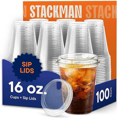 16 oz Clear Plastic Cups with Strawless Sip Lids by StackMan