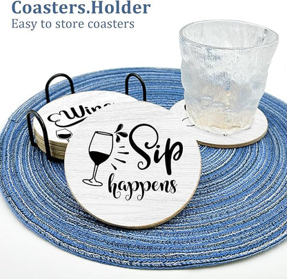 Funny Sayings Cork Coasters for Drinks Absorbents with Holder 6 Pcs Gift Set,Wine Lovers Gifts,Unique Present for Housewarming,Living Room Decor,Kitchen Decor Accessories.