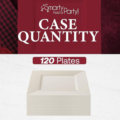 Smarty Had A Party 120 Disposable Plastic Dinnerware, 9.5" Fancy Square Ivory Plates for Parties and Events, Heavy Duty Supplies for All Occasions
