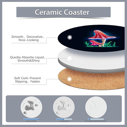 6 Pcs Coasters for Drinks with Holder,Magical Glowing Mushrooms Absorbent Coaster with Cork Backing,Great Gift for Housewarming,Room Decor,Bar,Holiday Party