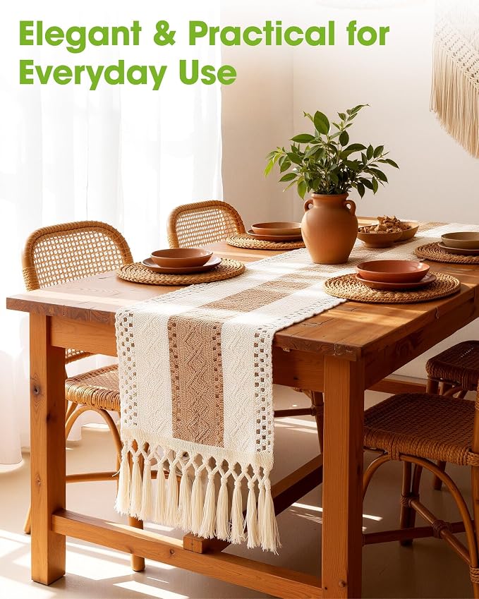 Pureegg Boho Table Runner 12 x 72 Inch, Woven Tassel Design | Dining Table - Image 2