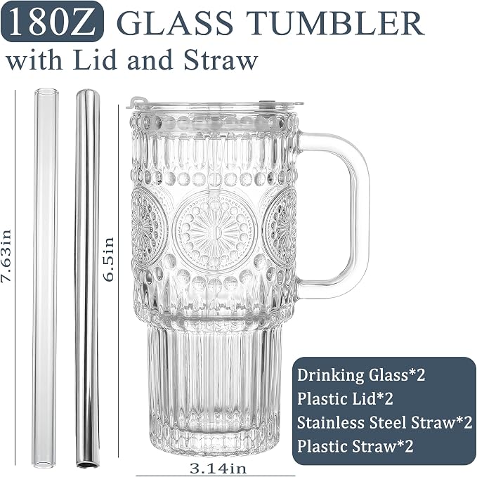 Thick Romantic Glass Cups with Lids and Straws, Vintage Leak Proof Retro Glass - Image 5