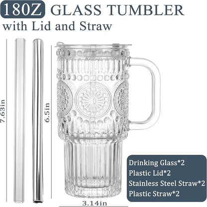 Thick Romantic Glass Cups with Lids and Straws, Vintage Leak Proof Retro Glass - Image 5