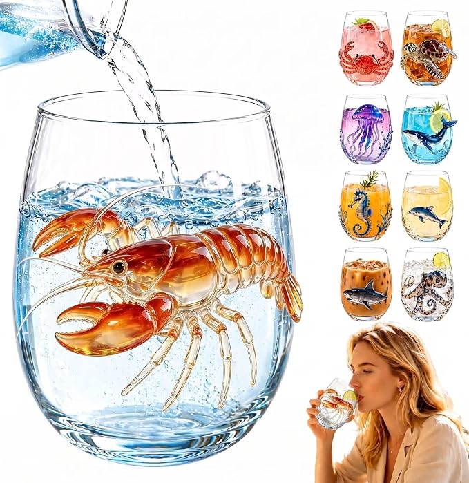 Lobster 3D Ocean Glass, Artistic Handcrafted Marine Animal Tumbler | Stemless by Unknown