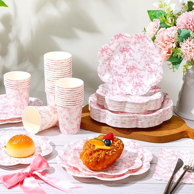 250 Pcs Pink Bow Disposable Paper Plate Napkins | Disposable Tableware Set - Image 4
