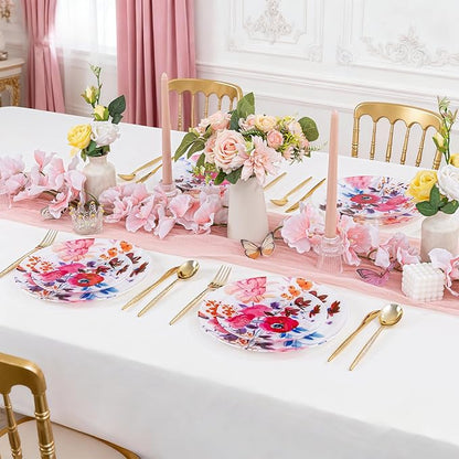 DaYammi 20Pcs Floral Disposable Plastic Plates-Disposable Heavy duty Watercolor Floral Plastic Plates 10.25 inch Dinner plates and 7.5 inch Dessert plates, Disposable Plate for Valentine's Day Party