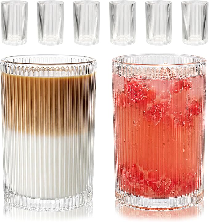 Set of 6 Large capacity Ribbed Glassware, 17oz Vintage Clear Glass Tumbler by WeirdUncle