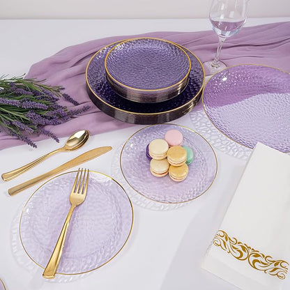 DaYammi 100 Pcs Purple Gold Plastic Plates - 10 inch Clear Purple Gold Dinner Plates - Hammer Pattern Design - Fancy Disposable Plate - Heavy Duty Party Plate Ideal for Wedding
