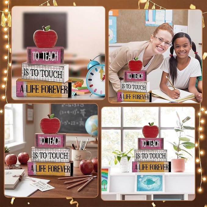 Moucuny 4 Pcs Back to School Table Decorations Retro Red Wooden Apple Decor - Image 5