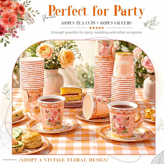 Nuogo 200 Pcs Floral Paper Tea Cups and Saucers 7 oz Disposable Paper Teacups - Image 5