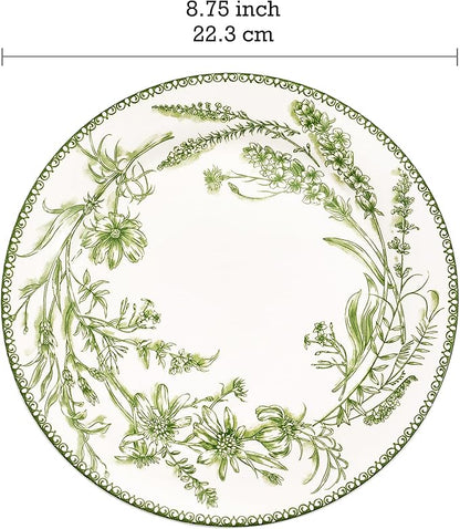 Bico Green Garden Toile De Jouy Salad Plates Set of 4, 8.75 Inch Ceramic Dessert Plates for Salad, Appetizer, Side Dishes, Microwave and Dishwasher Safe, Gift for Housewarming and Thanksgiving