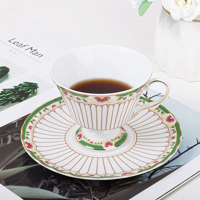 fanquare Nordic Style Tea Cup and Saucer, Classic Stripes Floral Teacup - Image 4