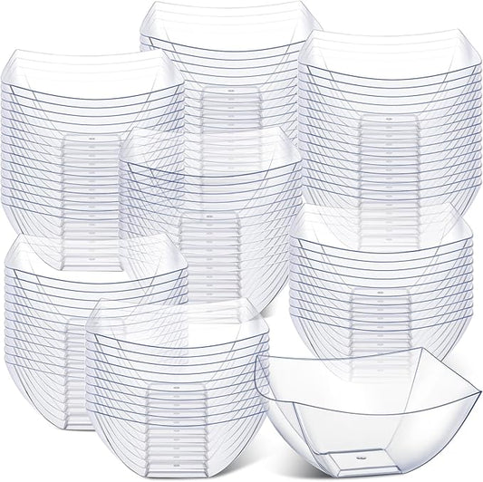 Sliner 100 Pcs Square Plastic Bowls 8 oz Plastic Serving Bowls Disposable Chip Containers for Parties Snack Fruit Candy Containers for Candy Buffet Salad Bar Buffet Party Supplies(Clear)