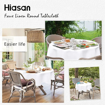 Hiasan Round Linen Table Cover 50 Inch - Wrinkle and Stain Resistant Washable Polyester Fabric Table Cloth for Dining Room Kitchen Party, White