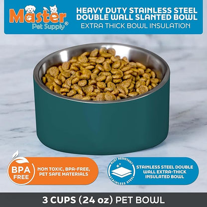 Master Pet Supply Stainless Steel Slanted Dog Cat Food Bowl - 24 oz Heavy Duty - Emerald Sea, Double Wall Insulated, Non-Slip Elevated Bowl for French Bulldogs Pugs Cats, Anti Rust Dishwasher Safe