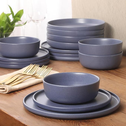Gibson Elite Bayou Moon Plates and Bowls Sets, 16-Piece Blue Matte Stoneware - Image 5