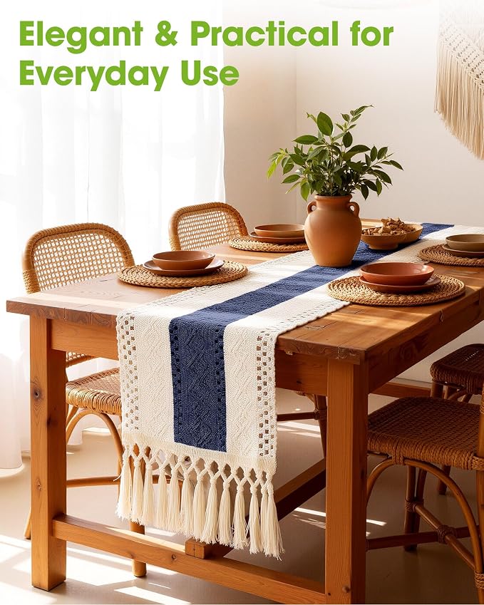 Pureegg Boho Table Runner 12 x 72 Inch, Woven Tassel Design | Dining Table - Image 2