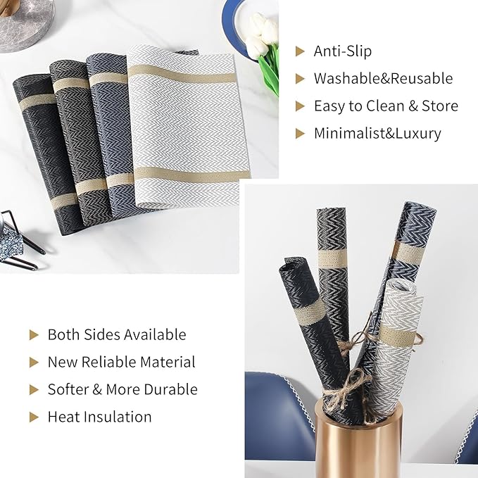 FAVE Placemats Set of 12 Blue Placemats Woven with Golden Thread Durable and Wipeable Vinyl Place Mats Heat Resistant Table Mats Set of 12 for Kitchen Table (Blue, 12"x18"-12PCS)