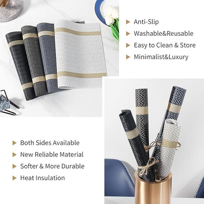 FAVE Placemats Set of 12 Blue Placemats Woven with Golden Thread Durable and Wipeable Vinyl Place Mats Heat Resistant Table Mats Set of 12 for Kitchen Table (Blue, 12"x18"-12PCS)