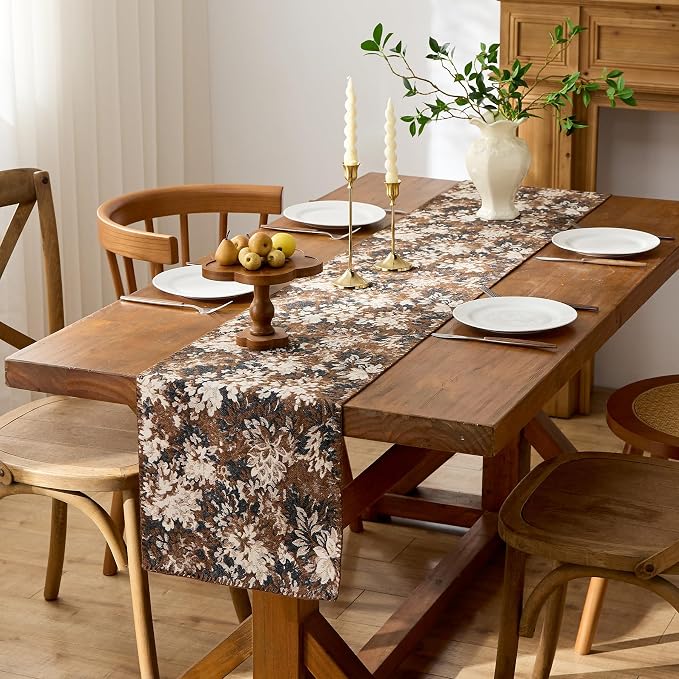 ORTIGIA Vintage Floral Table Runner, Boho Chenille Coffee Brown Farmhouse - Image 3