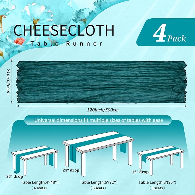 4 Pack Cheesecloth Table Runner 10FT Teal Table Runner Boho Gauze Cheese Cloth - Image 2