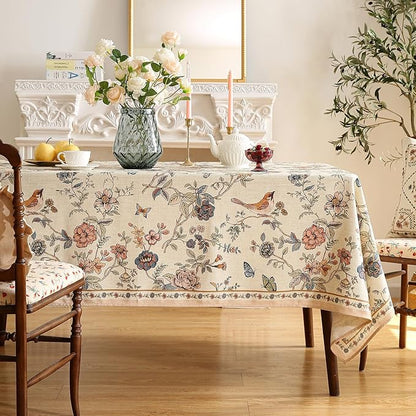 ISAENNE Designer French Light Beige Long Tablecloth Rectangle,Linen Florals and Birds Pattern Table Cloth,Anti-Wrinkle Decorative Tablecloths for Dining Thanksgiving Kitchen,63"*102"-Cornucopia