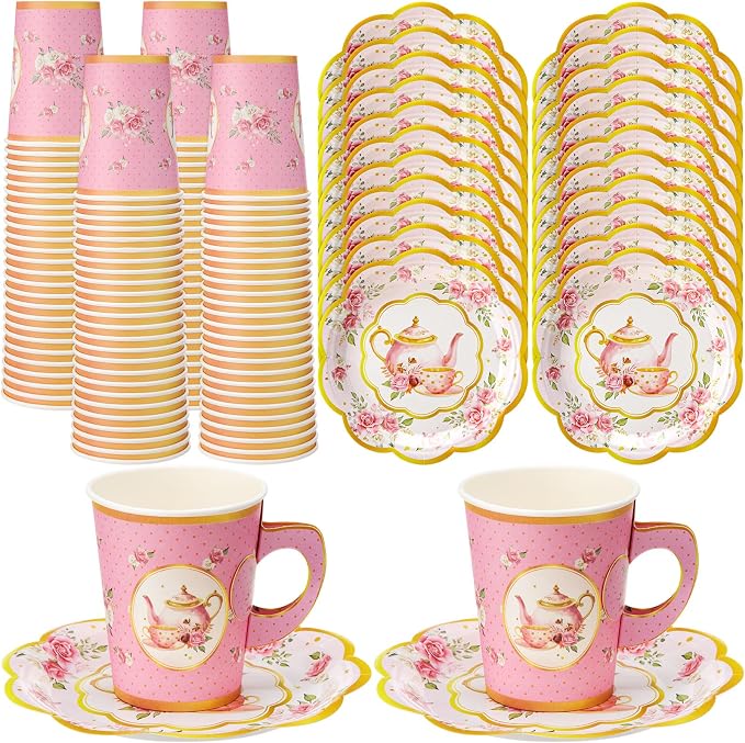 Tioncy 100 Pcs Tea Party Decorations Include 50 Pieces 9 oz Paper Tea Cups by Tioncy