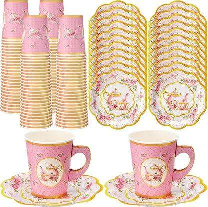 Tioncy 100 Pcs Tea Party Decorations Include 50 Pieces 9 oz Paper Tea Cups by Tioncy