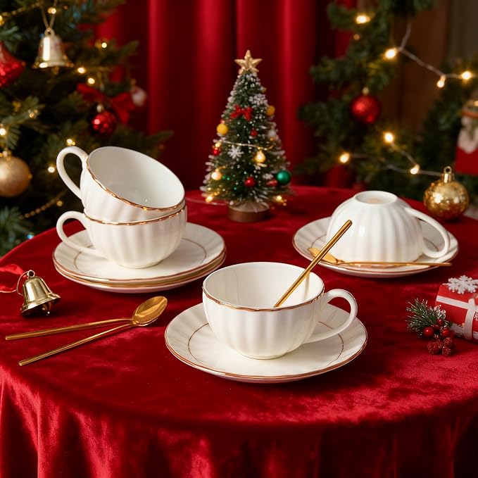 Bone China Tea Cups and Saucers Set – White Luxury Fine Porcelain Mugs - Image 10