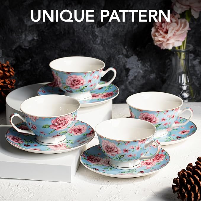 BTaT- Floral Tea Cups and Saucers, 8 oz, Fine Porcelain Teacup Set - Image 2