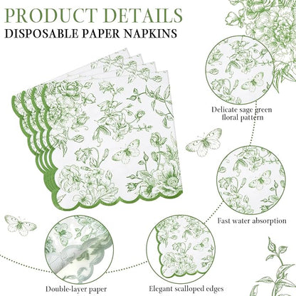 Willinglong 120 Pcs Floral Scalloped Paper Plates and Napkins Set, 2-ply Napkins - Image 3