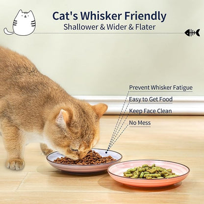 Selamica Ceramic Cat Bowls, 6 Inch Cat Food Bowl Whisker Friendly, Shallow Wide Kitten Plates for Food and Water, Set of 4, Gradient Colors