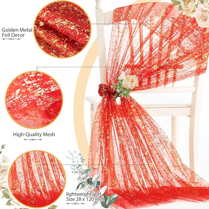 SiinvdaBZX Red Gold Sheer Tulle Table Runner 120 Inch/10 Ft Long | Gauze Sequin - Image 4