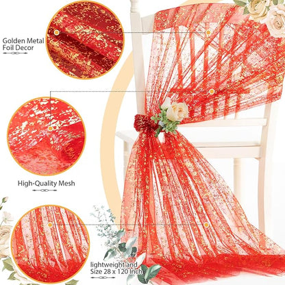 SiinvdaBZX Red Gold Sheer Tulle Table Runner 120 Inch/10 Ft Long | Gauze Sequin - Image 4