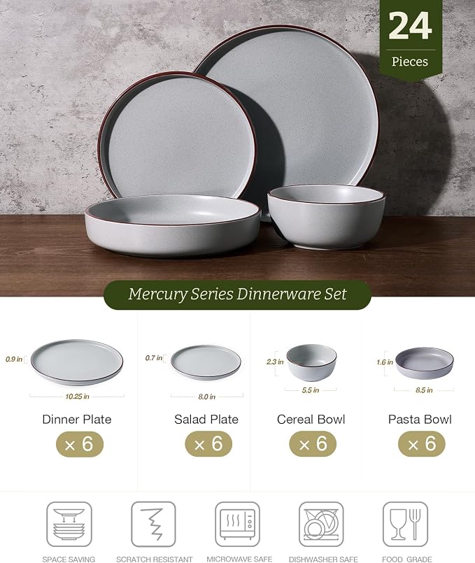 Famiware Mercury 24-Piece Stoneware Plates and Bowls, Light Grey | Dinnerware - Image 2
