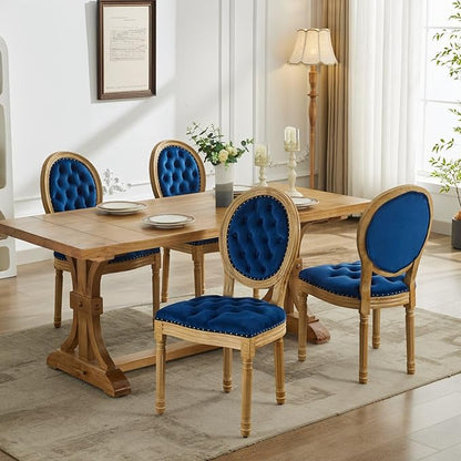 Vintage French Dining Chairs Set of 4, Round Back Velvet Upholstered Accent Chairs with Nailhead Trim and Solid Wood Frame, Elegant Sillas de Comedor for Dining Room & Kitchen, Blue