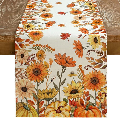 Fall Pumpkins and Sunflowers Table Runner 13x120 Inch, Maple Leaves Farmhouse by GEEORY