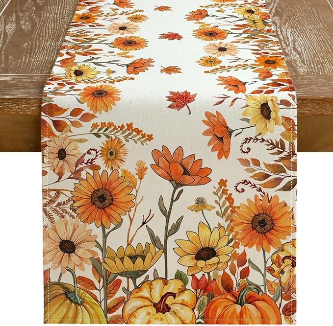 Fall Pumpkins and Sunflowers Table Runner 13x48 Inch, Maple Leaves Farmhouse by GEEORY
