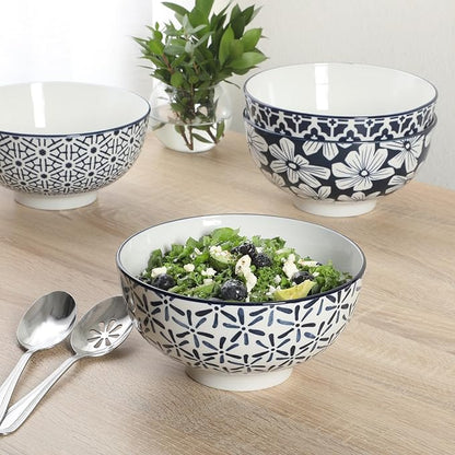 Gibson Home Castle Way 4-Piece Serving Bowl Set, 8 Inch Round Stoneware Bowls, Blue & White Assorted Pattern, Decorative Everyday Use