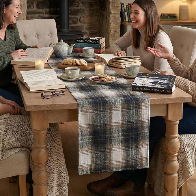 Artoid Mode Dark Blue Brown Farmhouse Plaid Table Runner, Winter Rustic Holiday - Image 3